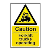 Caution Fork Lift Trucks Operating, 1.2mm Recyclable Polypropylene, W400mm x H600mm  Adomoo